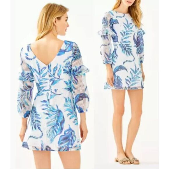 Lilly Pulitzer Blue and White Laurie Romper / Jumpsuit / Playsuit with Sleeves - Picture 3 of 9